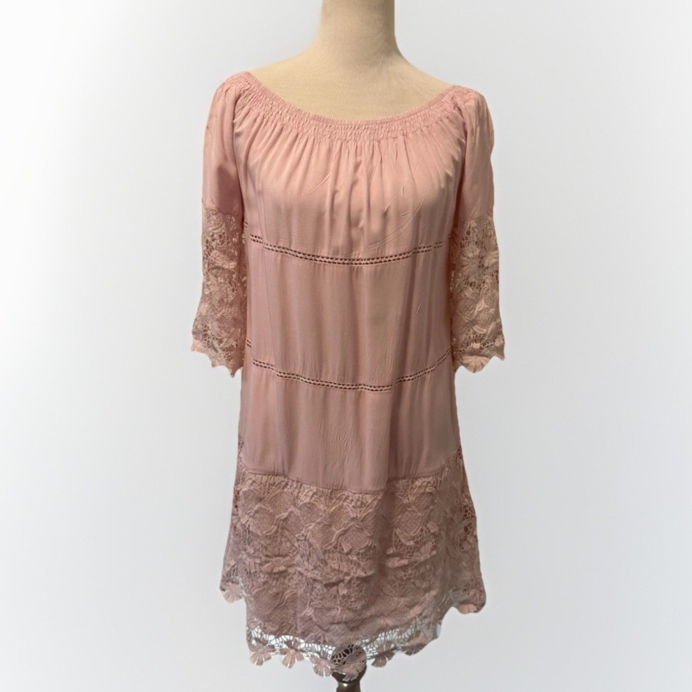 Solitaire Swim Bathing Suit pink Coverup Dress lace off shoulder Size Small